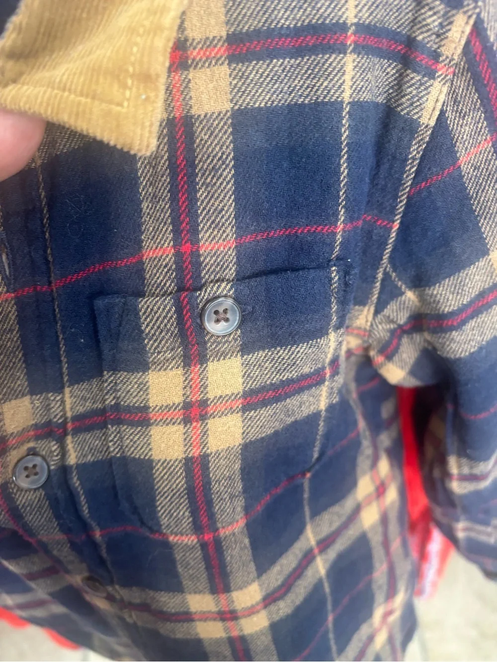 Old Navy Navy and Tan Plaid Button-Down Shirt with Corduroy Collar